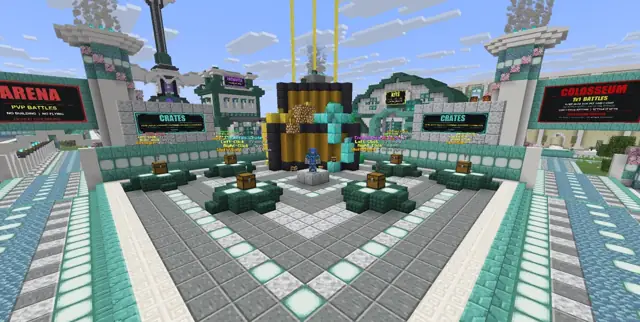 The crate plaza at MiningMaven SMP spawn, with the Arena and Colosseum signs
