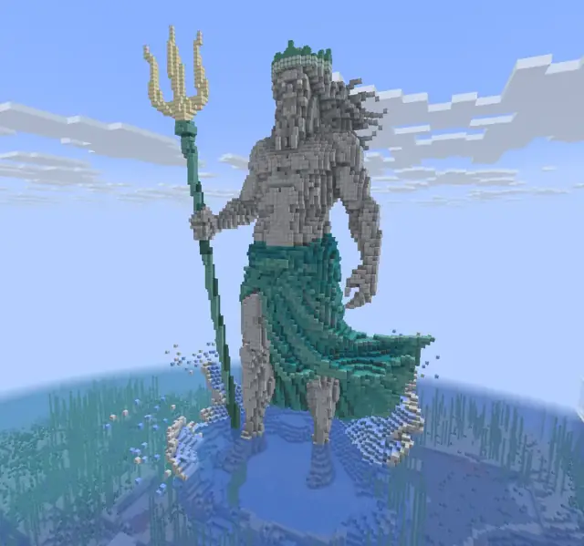 A giant Poseidon statue rising from the sea